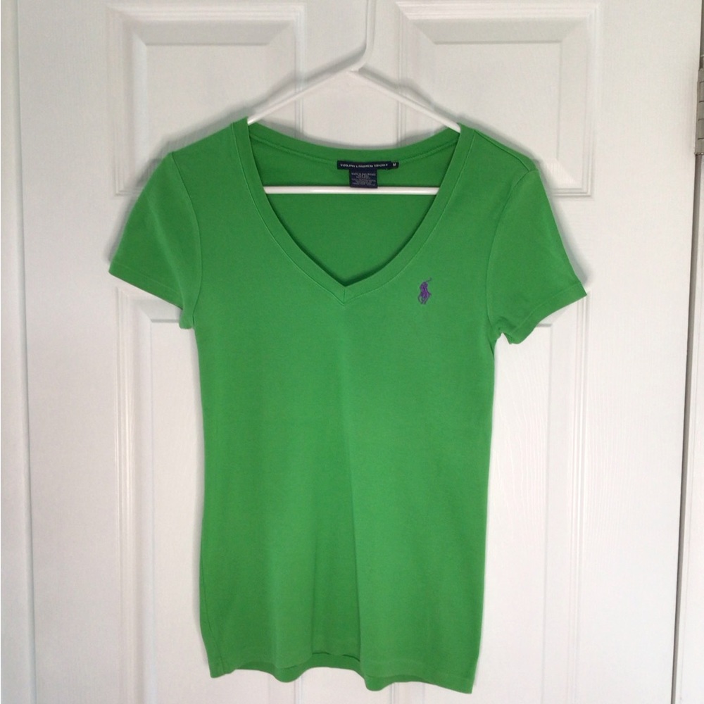 Women’s Ralph Lauren Sport Green Fitted V Neck Short Sleeve Tee Shirt Large